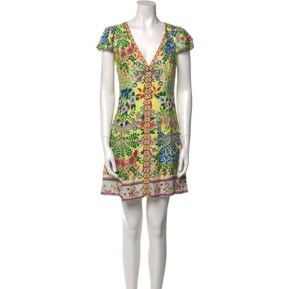 Alice + Olivia Hadley Floral Yellow Mini Fit & Flare Crepe Dress Sz 6 Tropical - Picture 9 of 16